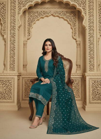 Embroidered Cotton Round Neck Straight Kurta & Trousers With Dupatta