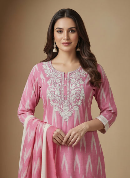 Embroidered Round Neck Straight Kurta & Trousers With Dupatta