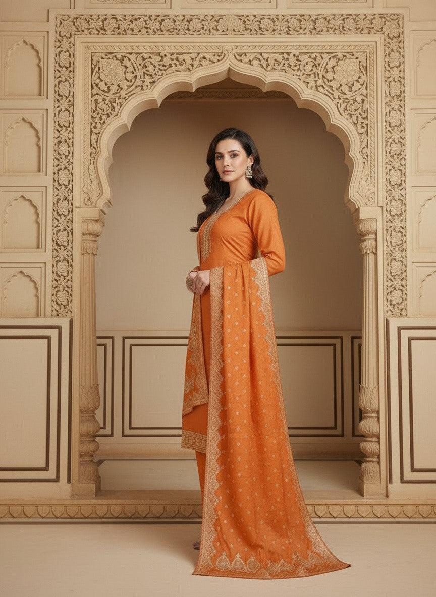 Embroidered Cotton Round Neck Straight Kurta & Trousers With Dupatta