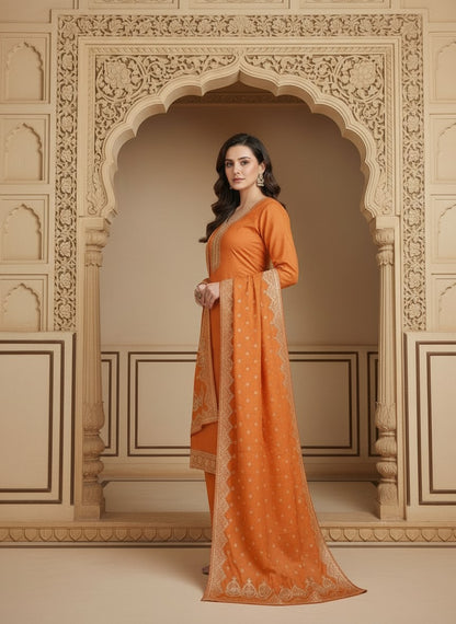 Embroidered Cotton Round Neck Straight Kurta & Trousers With Dupatta