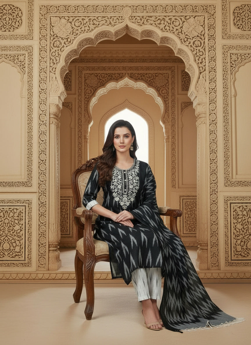 Embroidered Round Neck Straight Kurta & Trousers With Dupatta