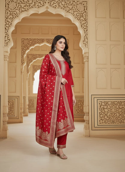Embroidered Cotton Round Neck Straight Kurta & Trousers With Dupatta