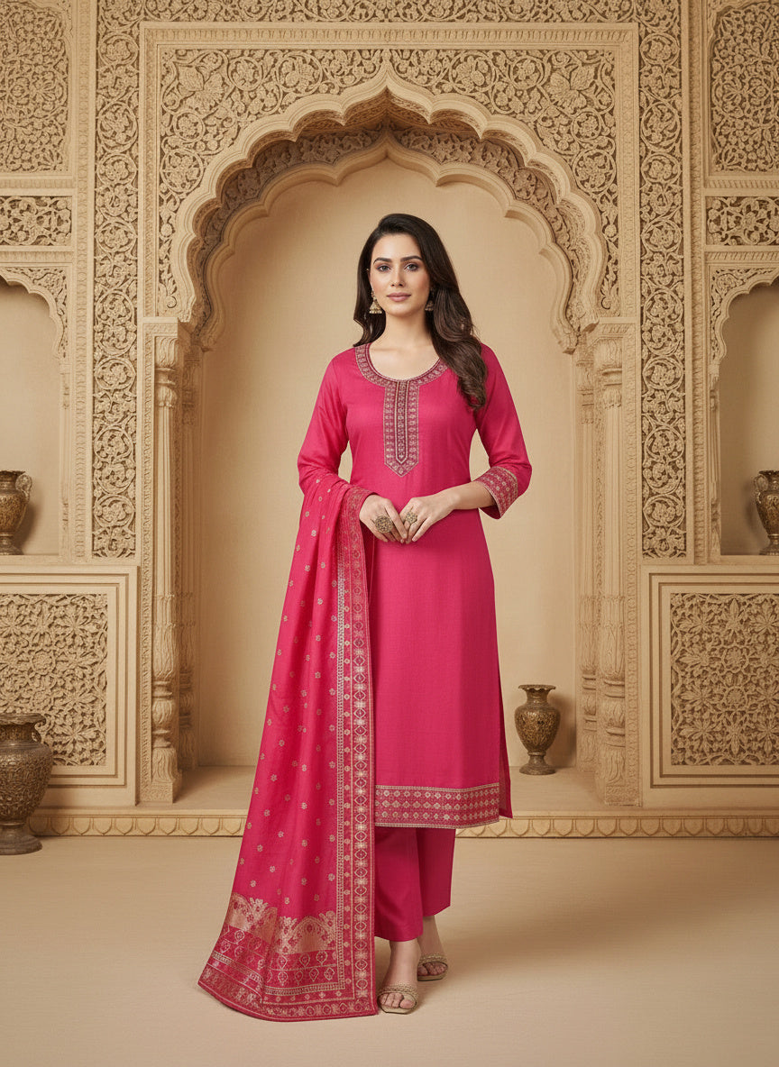 Embroidered Cotton Round Neck Straight Kurta & Trousers With Dupatta