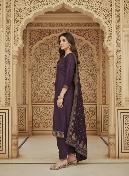 Embroidered Cotton Round Neck Straight Kurta & Trousers With Dupatta