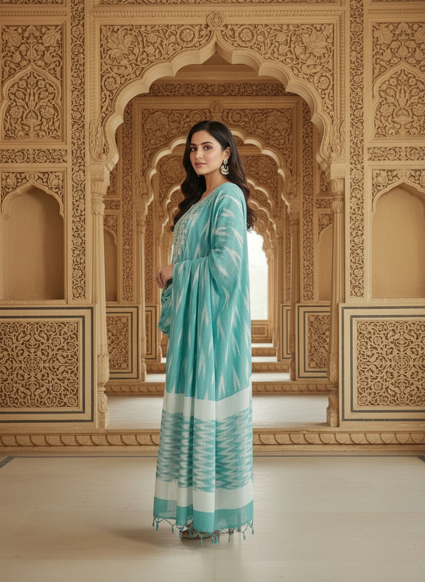 Embroidered Round Neck Straight Kurta & Trousers With Dupatta