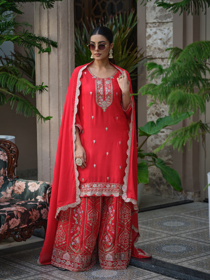 Women Ethnic Motifs Embroidered Kurta with Sharara & Dupatta