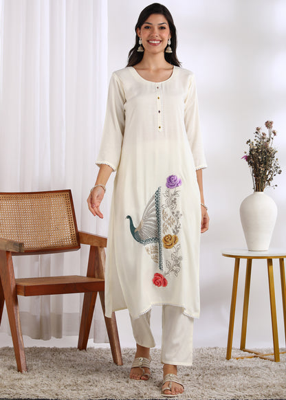 Off-White Rayon Embroidered Kurta Set with Mirror Work & Printed Muslin Dupatta