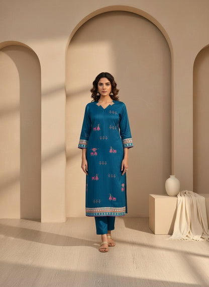 Striped V-Neck Kurta & Trousers With Dupatta