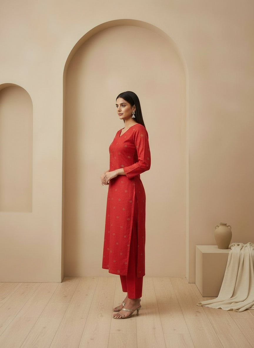 Printed V-Neck Kurta & Trousers With Dupatta