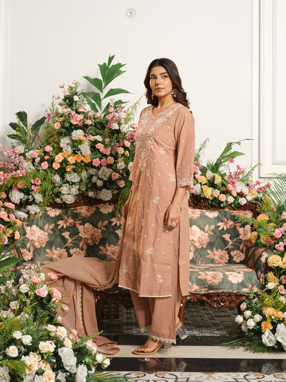Printed Pure Cotton Kurta Set with Palazzo and Dupatta Straight Fit Long Kurta Calf Length Round Neck Slip On Casual Ethnic Wear