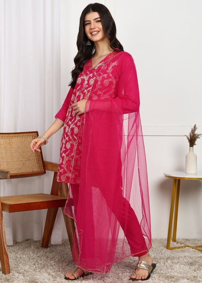 Elegant Pink Embroidered Straight Kurta Set with Dupatta