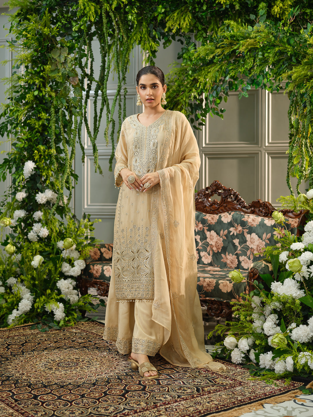Embroidered Mirror and Cut Work Pakistani Kurta with Trouser and Dupatta Set