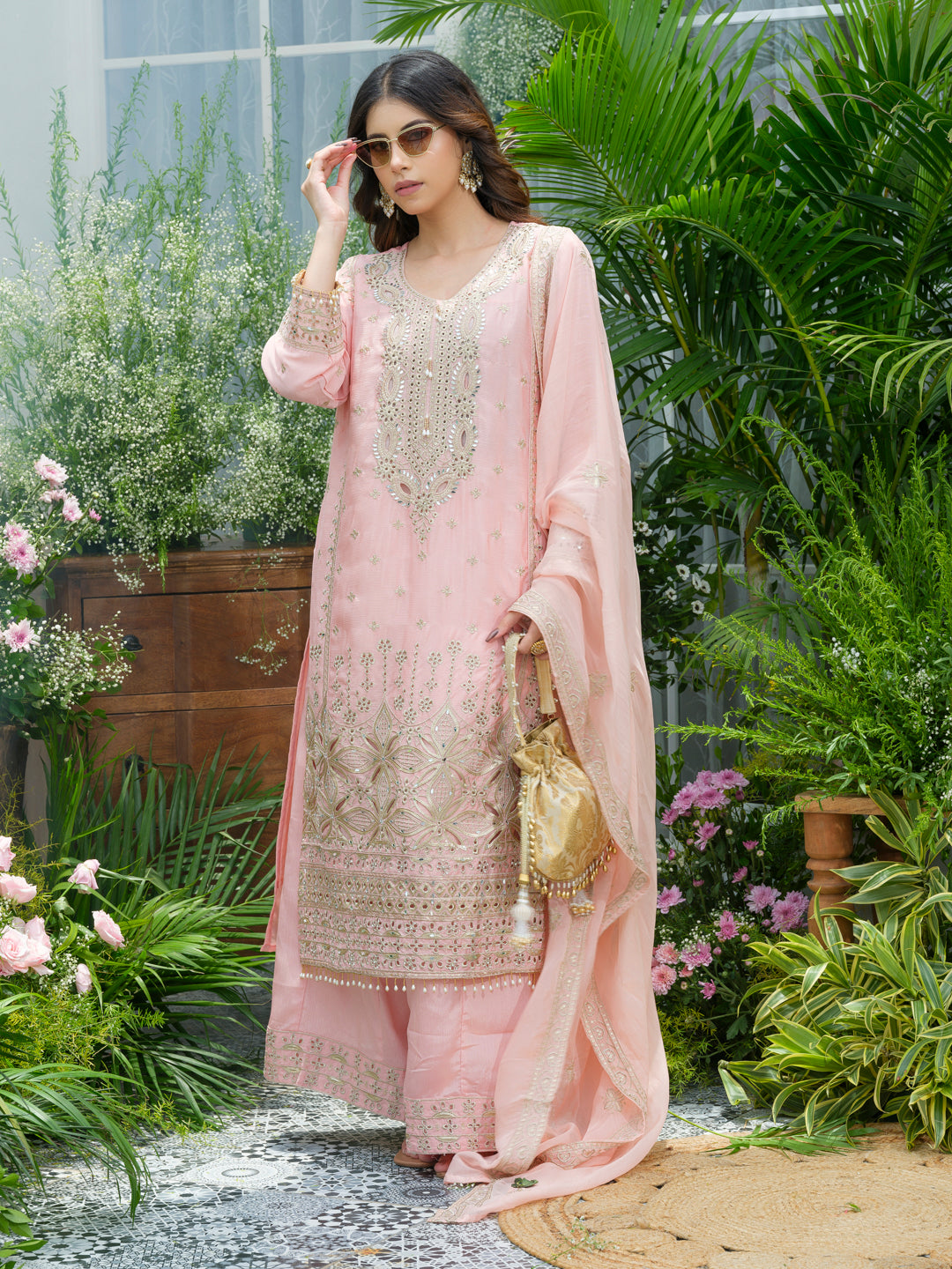 Embroidered Mirror and Cut Work Pakistani Kurta with Trouser and Dupatta Set
