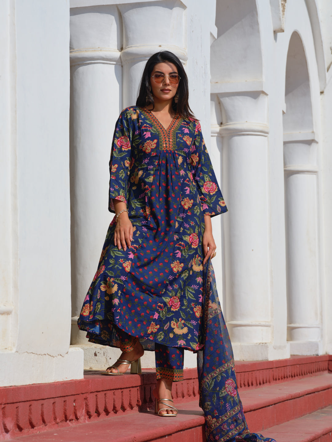 Printed V-Neck Kurta & Trousers With Dupatta