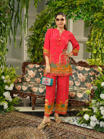 Red Digital Print Co-ord Set with Heavy Handwork