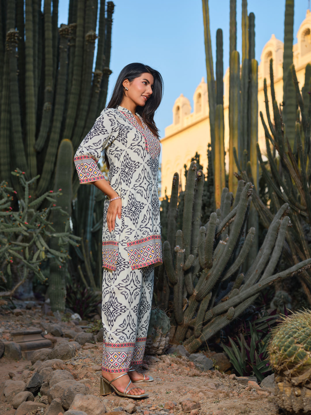 Printed Mandarin Collar Top & Palazzos Co-Ords