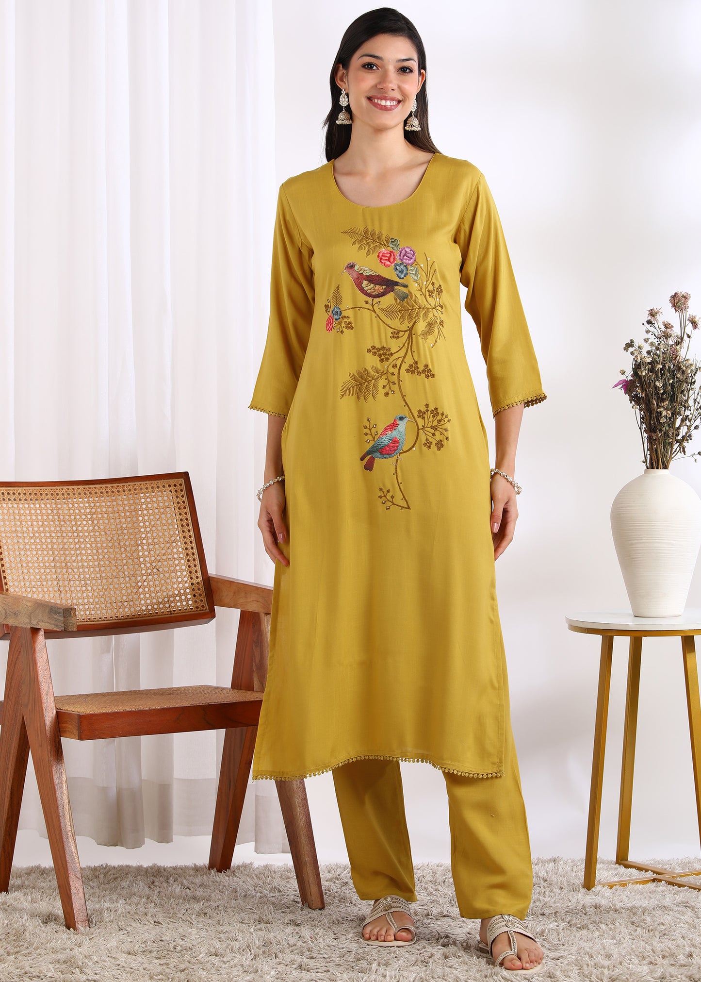 Women Mustard Rayon Embroidered Kurta Set with Digital Print Muslin Dupatta