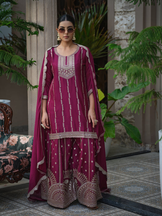 Royal Embroidered Kurta Sharara Set