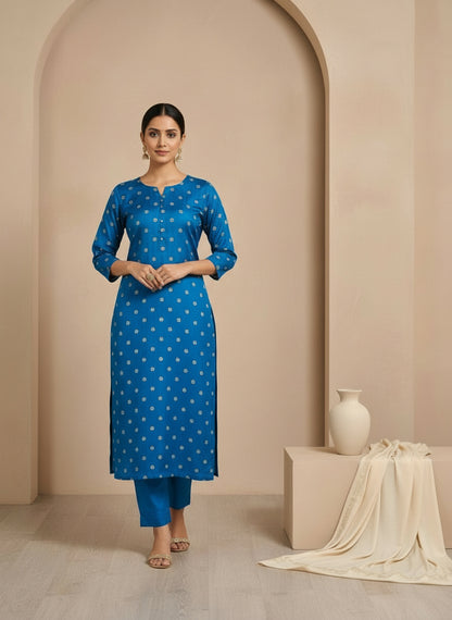 Striped V-Neck Kurta & Trousers With Dupatta
