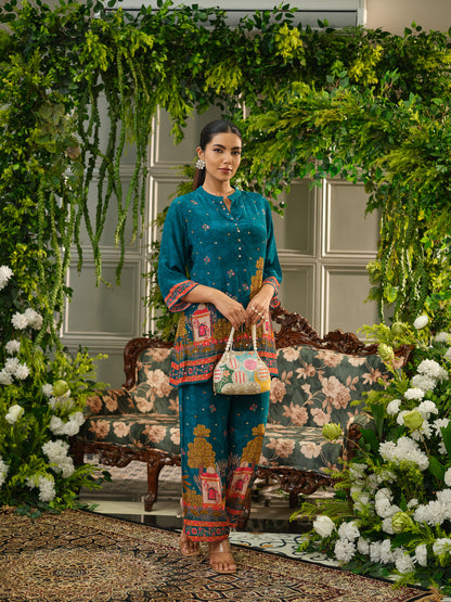 Teal Digital Print Co-ord Set with Heavy Handwork