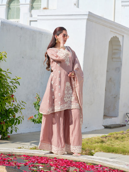 Women Peach Embroidered Mul Chanderi Kurta Sharara Set with Dupatta