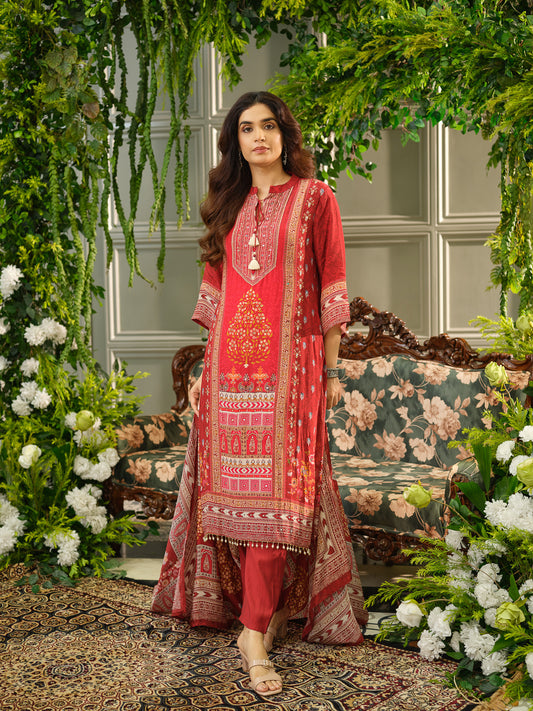 Red Digital Print Kurta Set with Heavy Handwork & Dupatta