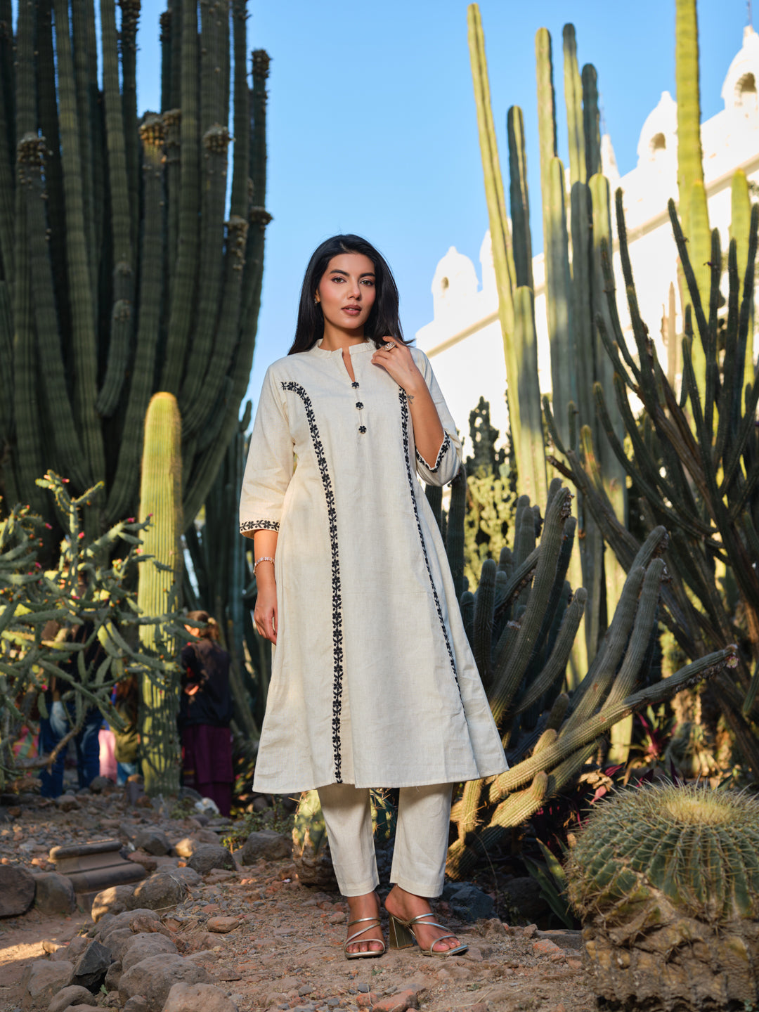 Embroidered Pure Cotton Mandarin Collar A-Line Kurta & Trousers