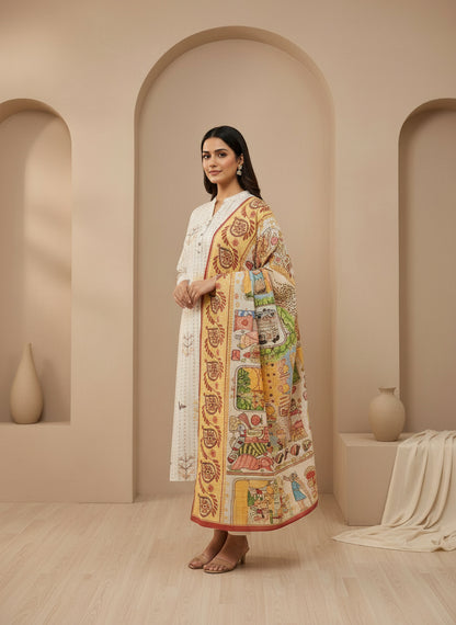 Printed Mandarin Collar Kurta & Trousers With Dupatta