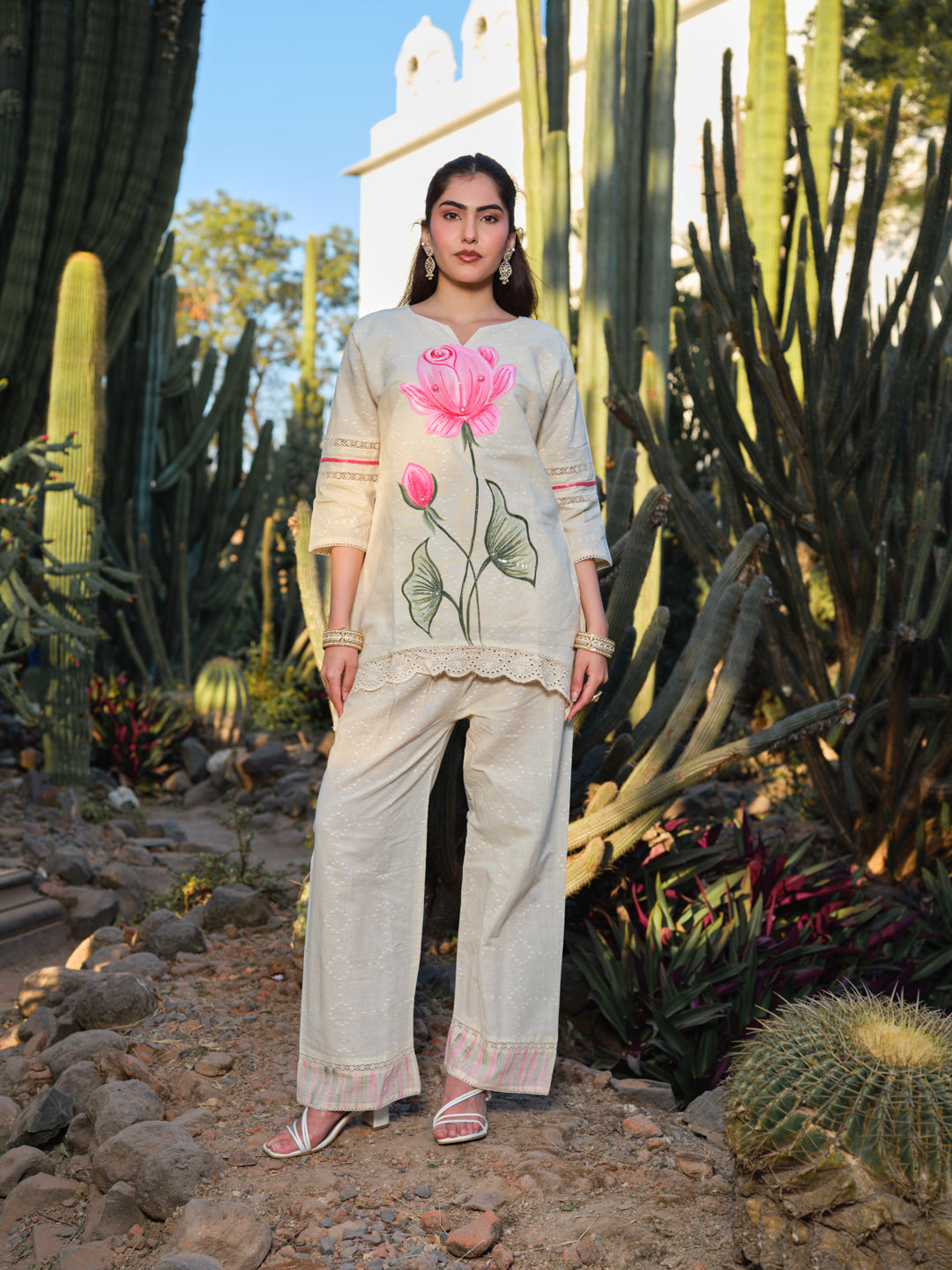 Hand-Painted Pink Lotus Cotton Kurta Set with Wide-Leg Pants