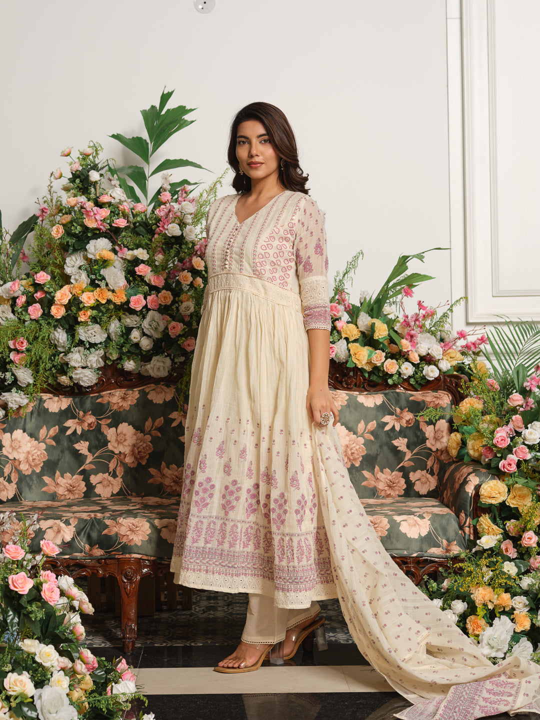 Embroidered Pure Cotton V-Neck Kurta & Trousers With Dupatta