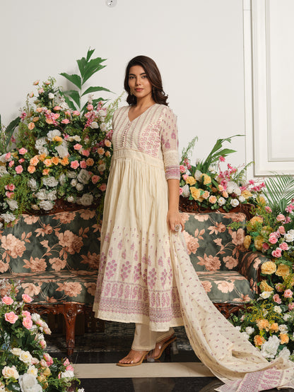 Embroidered Pure Cotton V-Neck Kurta & Trousers With Dupatta