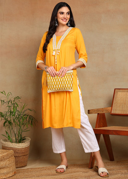 Mustard Rayon Slub Kurti with White Embroidered Lace Detailing
