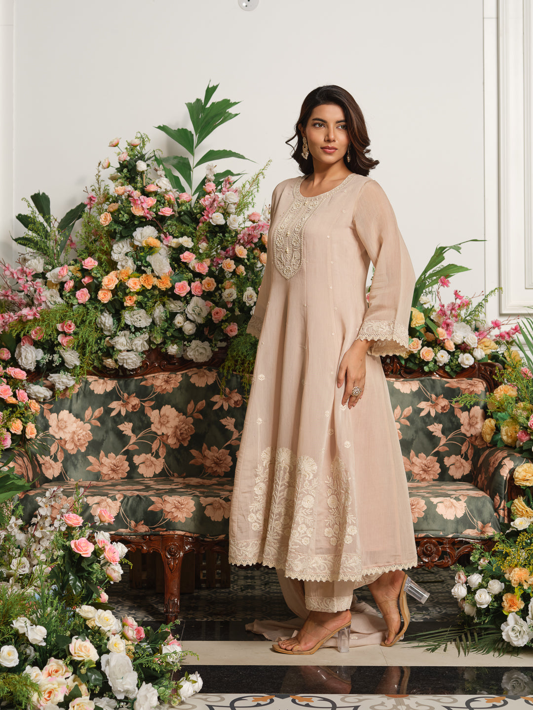 Beige Embroidered Anarkali Kurta Set with Matching Trousers and Embroidered Dupatta in Chanderi Silk Fabric