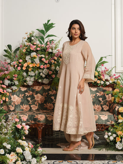 Beige Embroidered Anarkali Kurta Set with Matching Trousers and Embroidered Dupatta in Chanderi Silk Fabric