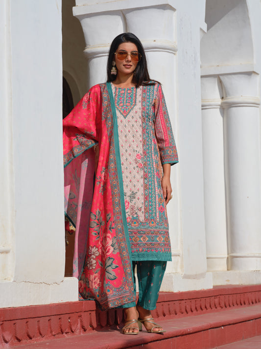Printed Round Neck Kurta & Trousers With Dupatta