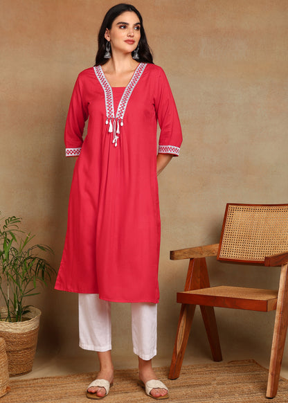 Red Rayon Slub Kurti with White Embroidered Lace Detailing