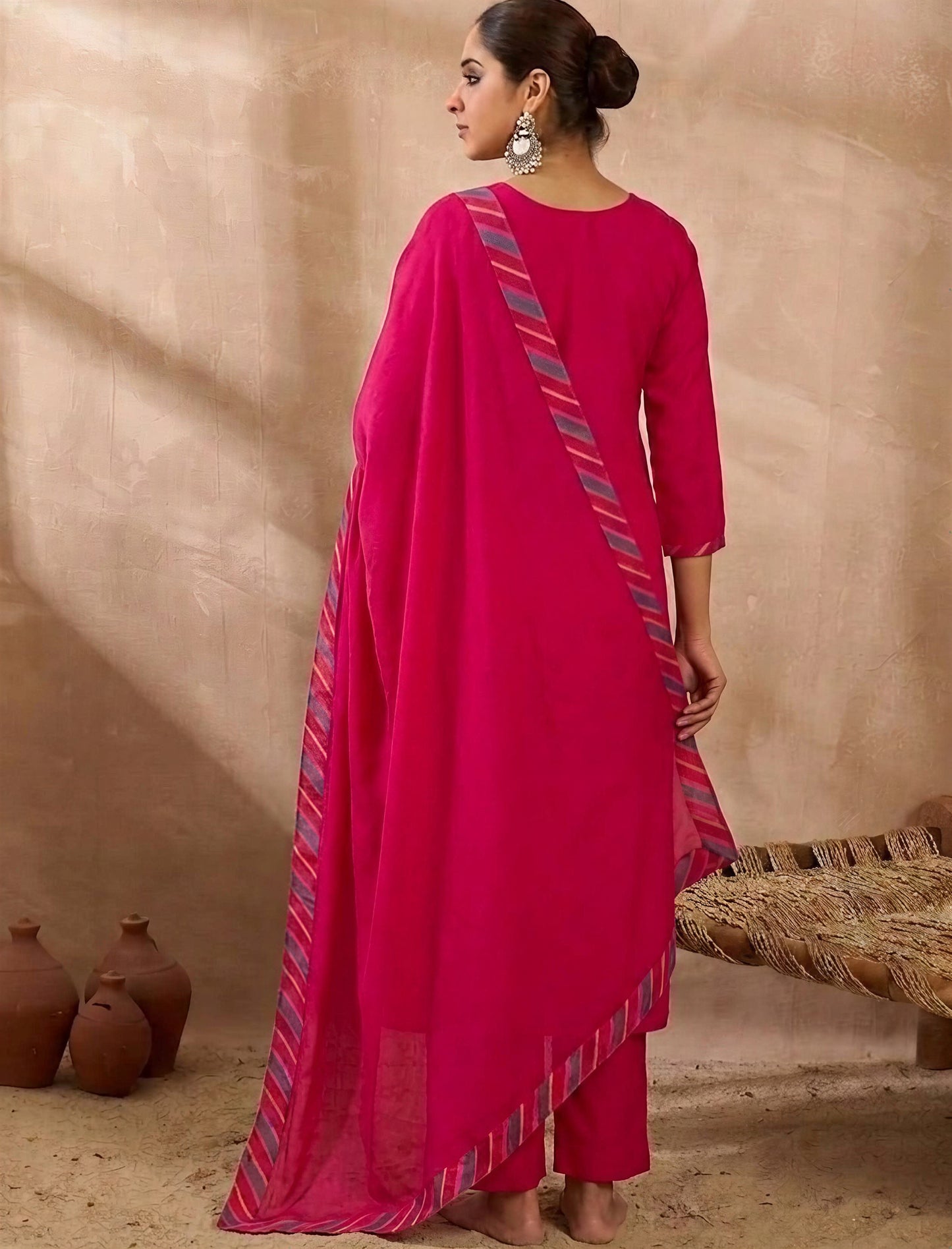 Embroidered Round Neck Kurta & Trousers With Dupatta