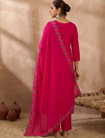 Embroidered Round Neck Kurta & Trousers With Dupatta