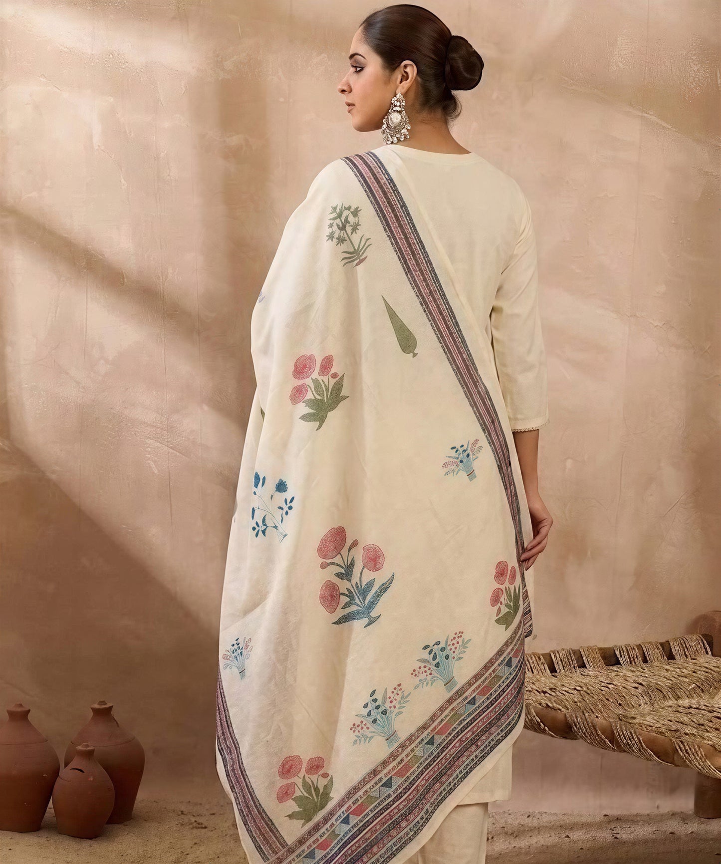 Women’s White and Blue A-Line Embroidered Kurta Set with Matching Trousers & Printed Dupatta