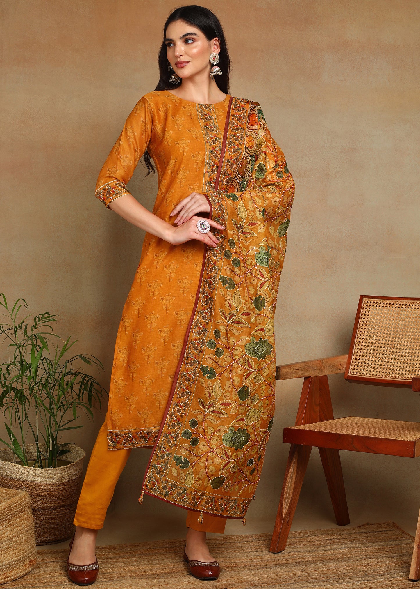 Women's Yellow Ethnic Motif Printed Kurta with Kantha & Sequin Work, Paired with Trousers and Dupatta