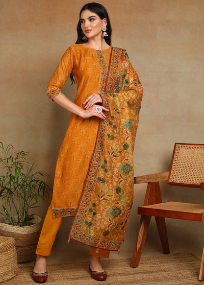Women's Yellow Ethnic Motif Printed Kurta with Kantha & Sequin Work, Paired with Trousers and Dupatta