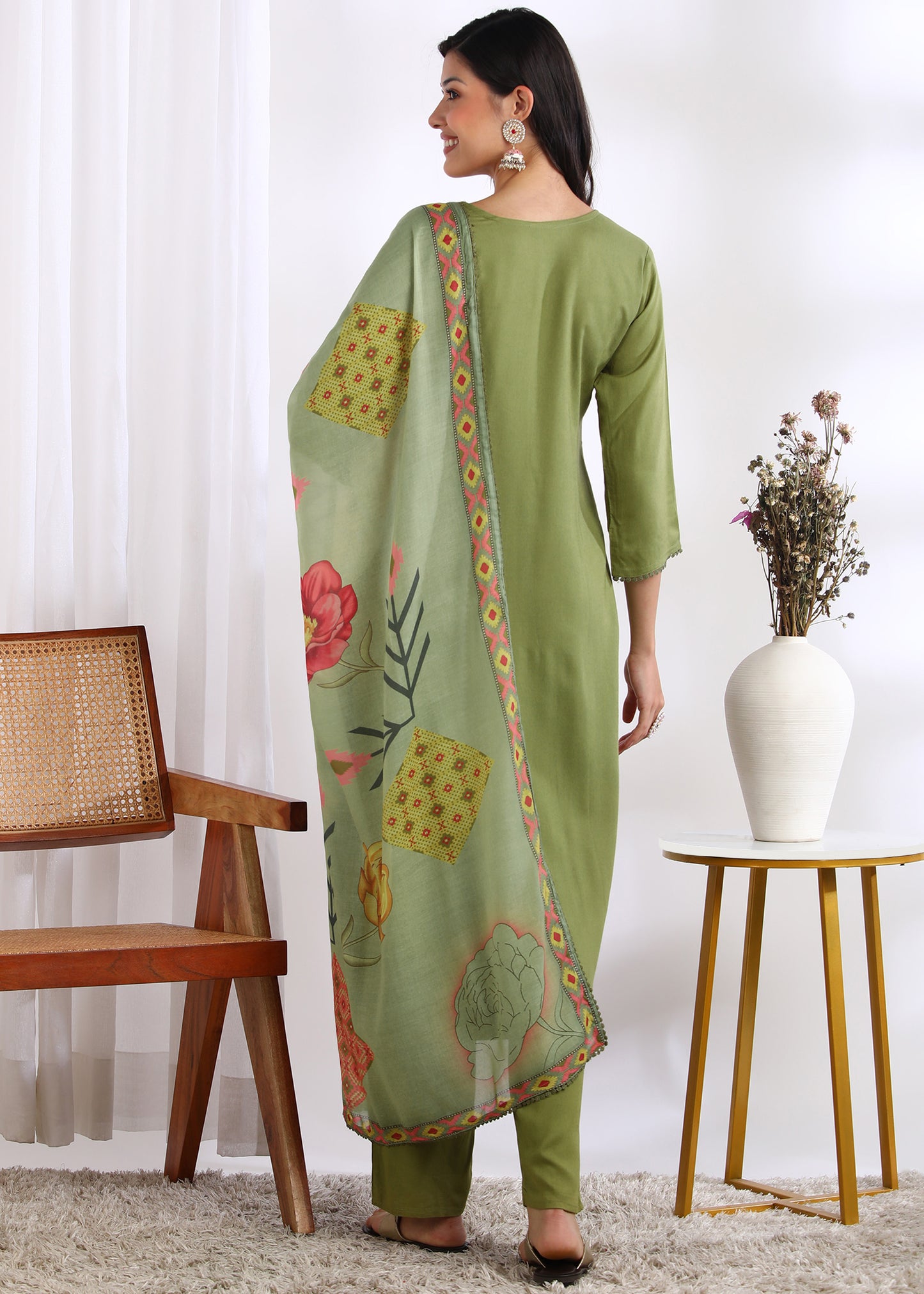Women Pista Green Rayon Embroidered Kurta Set with Mirror Work & Printed Cotton Dupatta