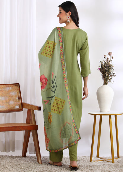 Women Pista Green Rayon Embroidered Kurta Set with Mirror Work & Printed Cotton Dupatta