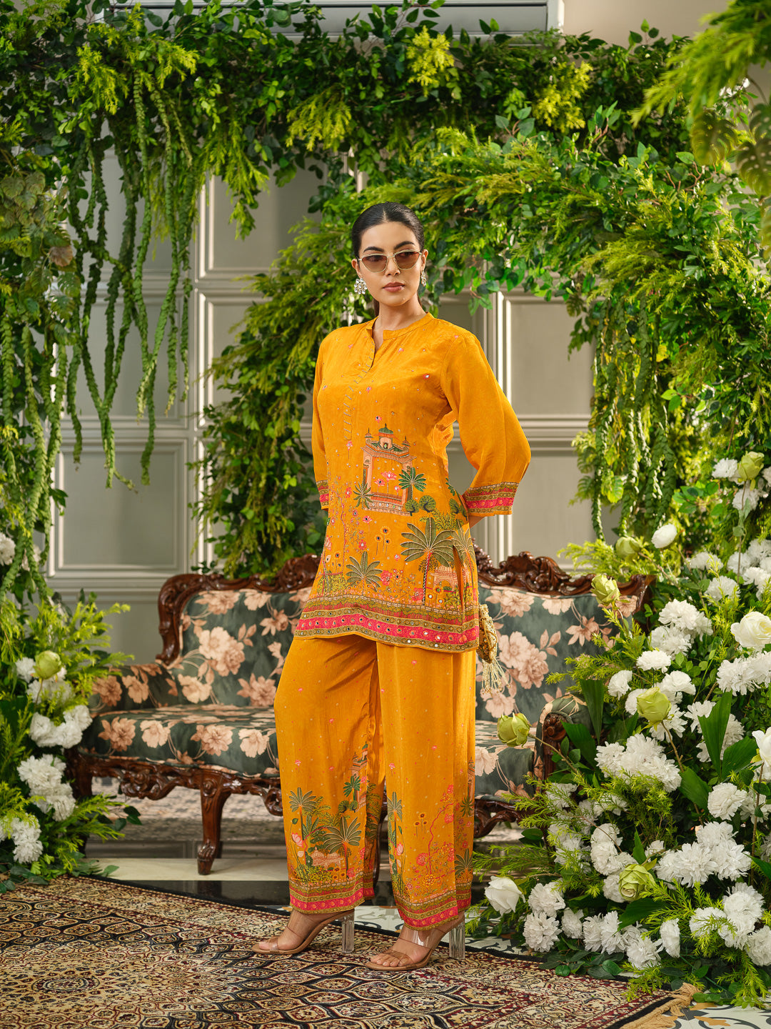 Orange Digital Print Co-ord Set with Handwork