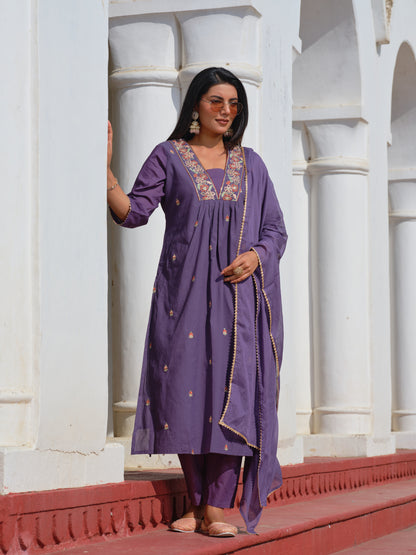 Printed V-Neck Kurta & Trousers With Dupatta