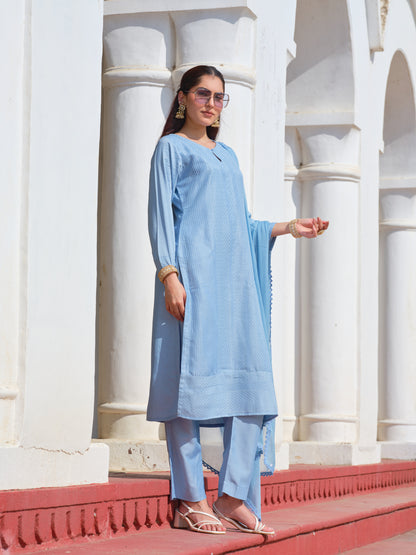 Powder Blue Chinon Crochet Embroidered Kurta with Trousers & Nazeen Dupatta