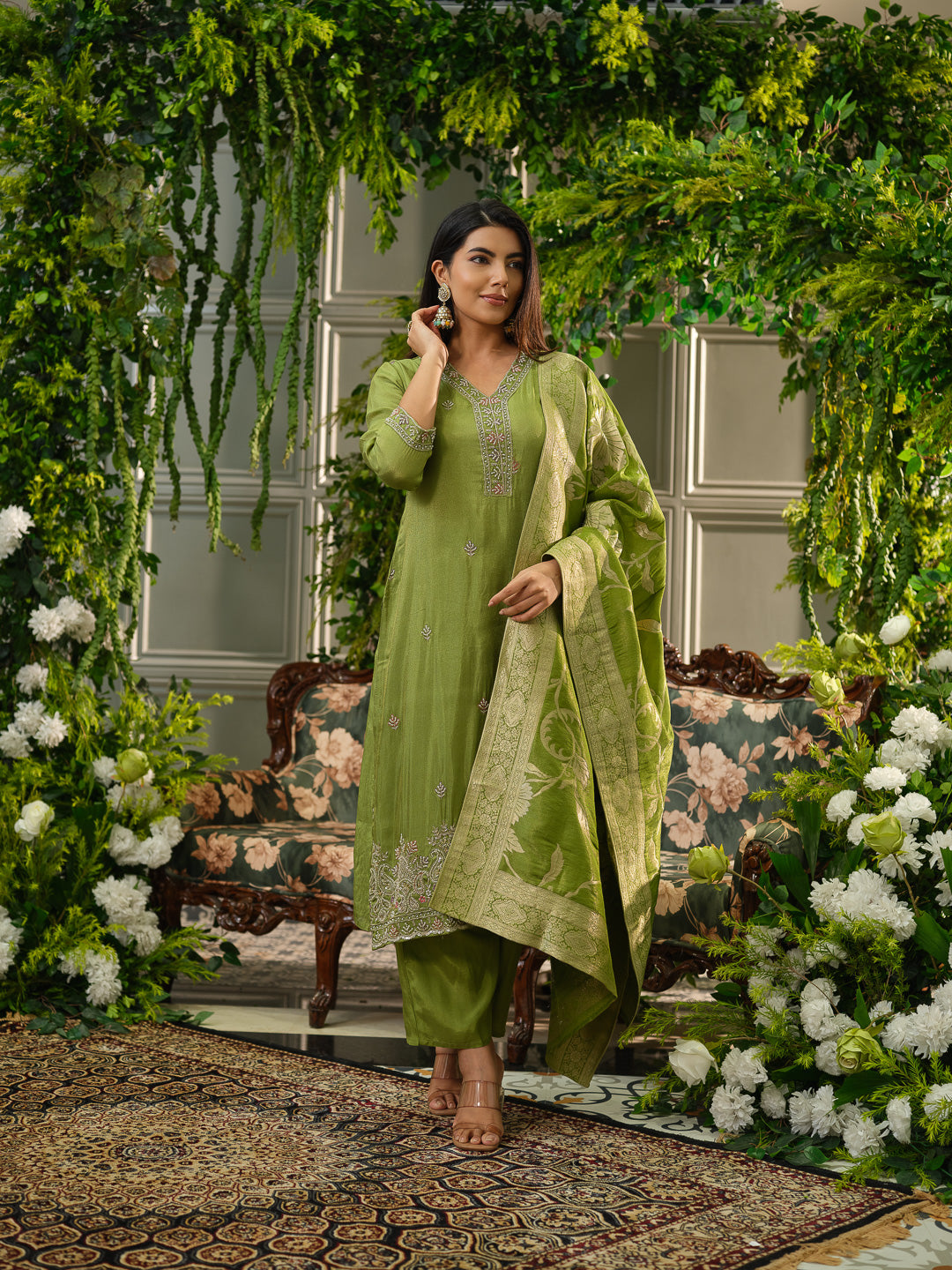 Mehndi Green Viscose Tissue Kurta Set with Jacquard Dupatta