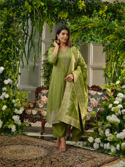 Mehndi Green Viscose Tissue Kurta Set with Jacquard Dupatta