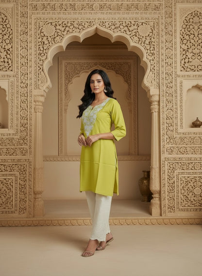 Floral Embroidered Notch Neck Straight Kurtis