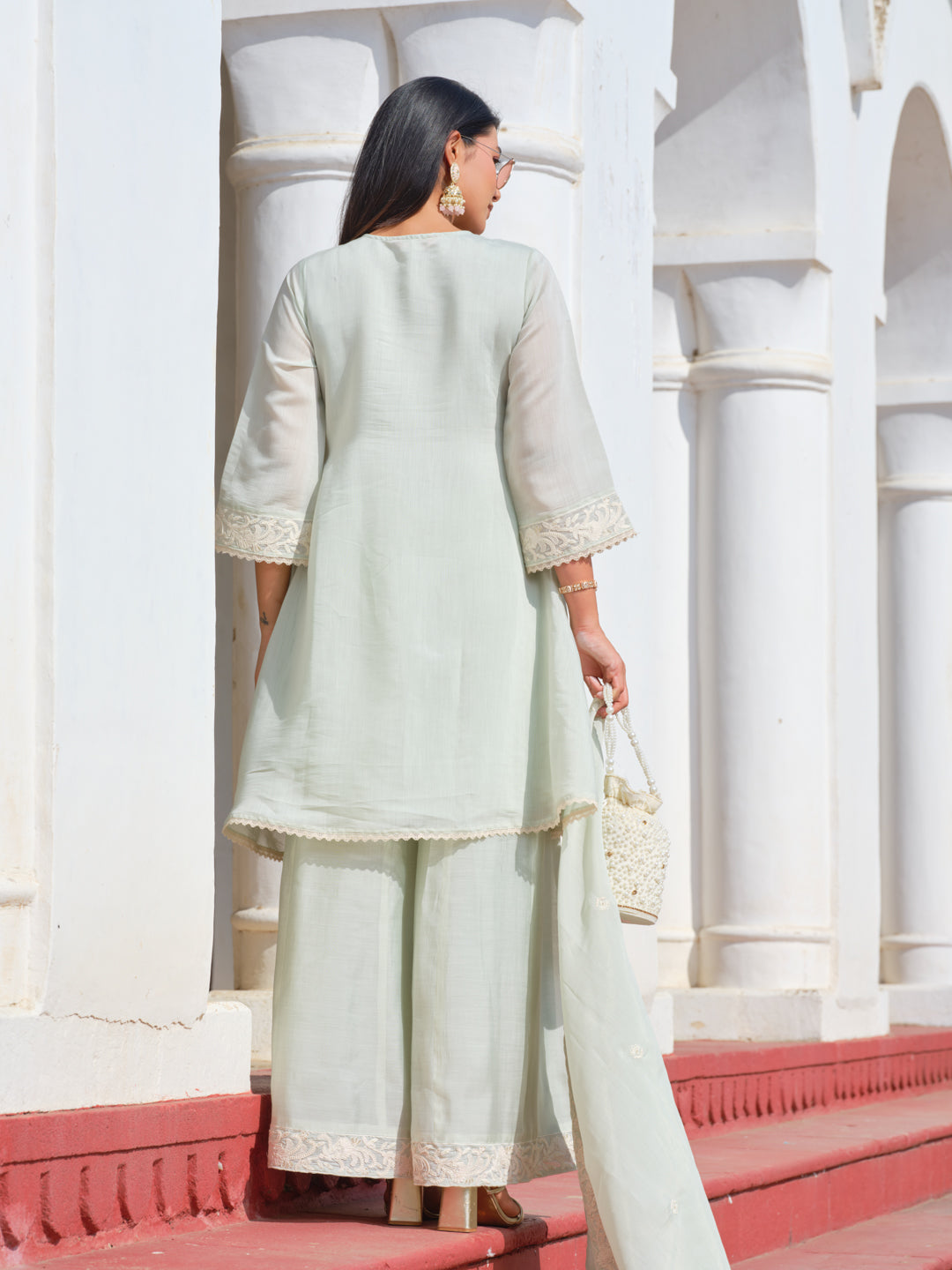 Women Pistachio Green Embroidered Mul Chanderi Kurta Sharara Set with Dupatta